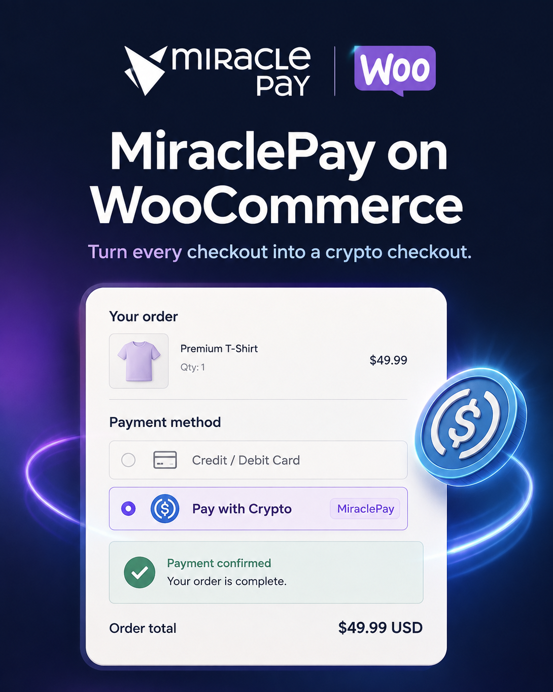 Opción de pago cripto de MiraclePay en checkout de WooCommerce